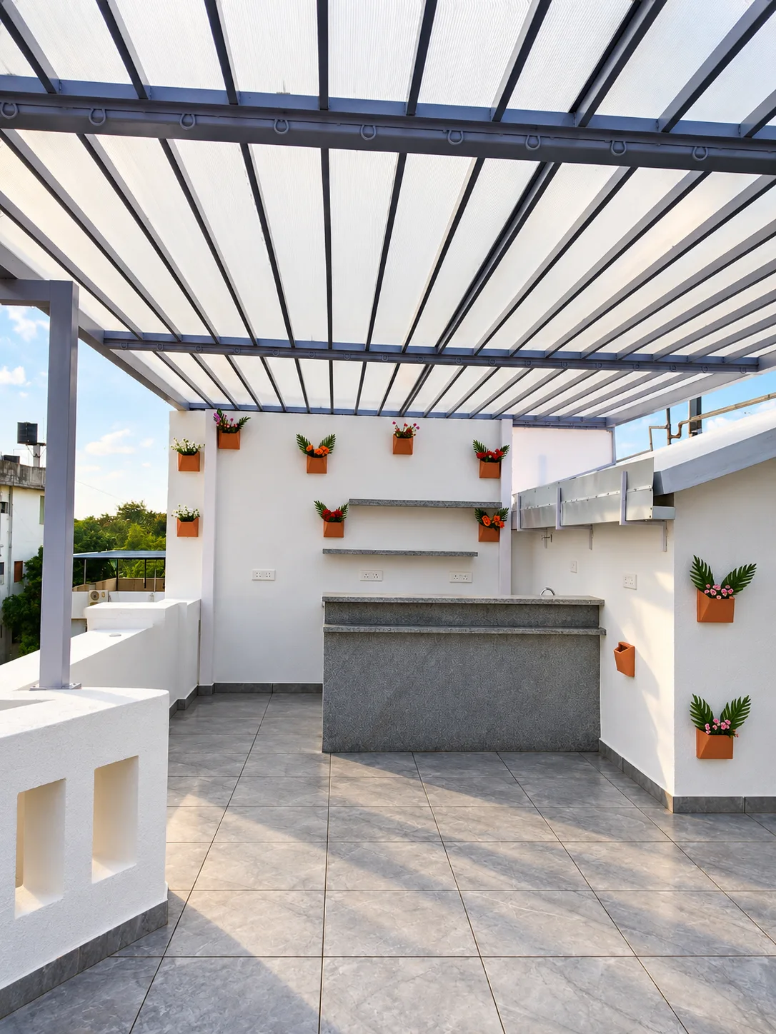Stone counter and tiled flooring on a bright covered rooftop